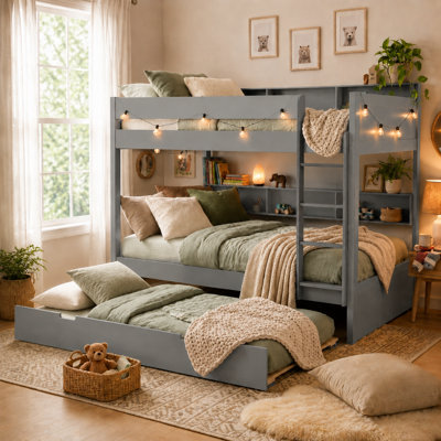 Bunk Bed with Pull-Out Trundle & Built-in Storage Shelves