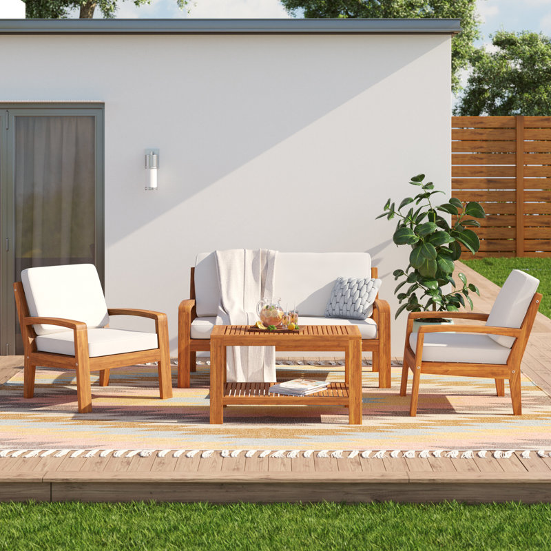 Acacia 4 - Person Patio Conversation Set with Cushions, Teak Frame/Beige Cushion