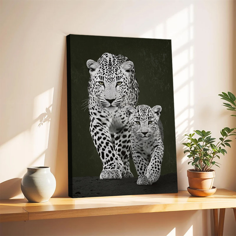 Tableau monochrome léopard mère et petit, grande toile tendue sur châssis, idéal pour le salon ou la chambre., 24 po x 36 po