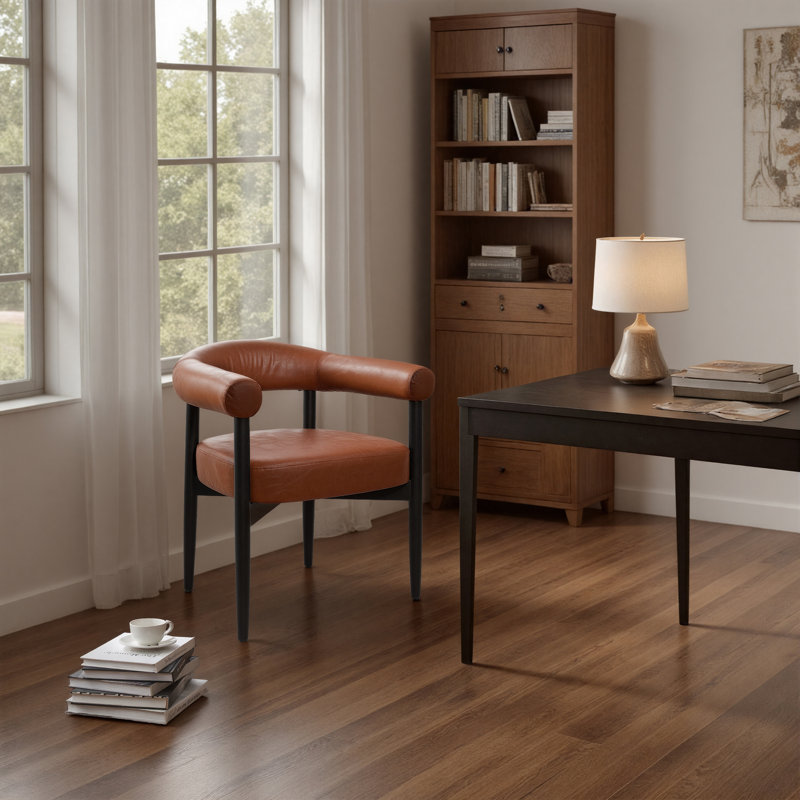 Upholstered Dining Chair Barrel Armchair With Wood Frame Side Chair, Brown/Black