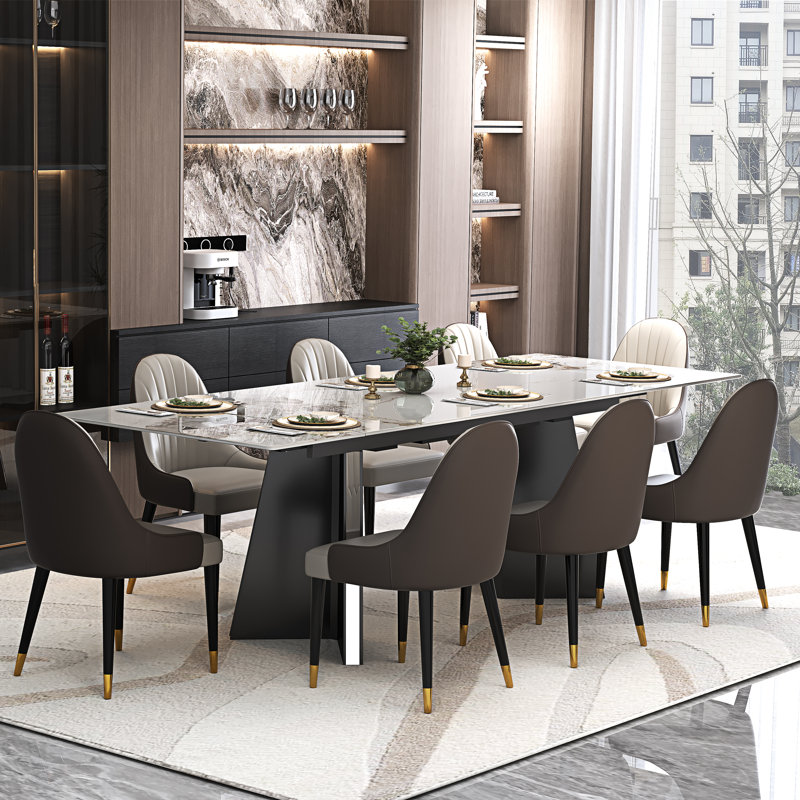 Modern Faux Marble Dining Table Set With 94.5'' Extendable Rectangle Sintered Stone Tabletop With 8 Faux Leather Chairs