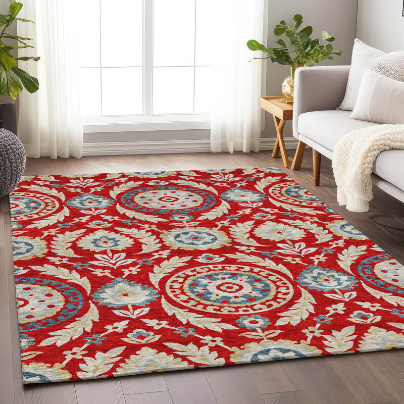 Tapis rouge Prisco lavable à la machine de qualité supérieure, Rectangulaire 3 pi x 5 pi