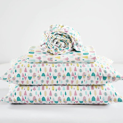 4 Pcs Queen Cotton Flannel Sheet , White Holiday Trees Design, Machine Washable, , Flat Sheet, Fitted And 2 Pillowcases Sheets Included