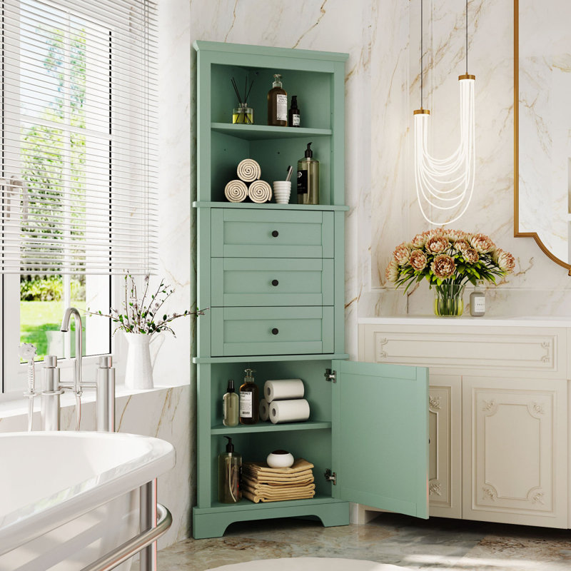 Green Triangle Tall Cabinet With 3 Drawers And Adjustable Shelves For Bathroom, Kitchen Or Living Room, MDF Board With Painted Finish(Old Sku:WF306469AAG)