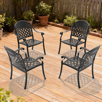 4 chaises de patio en fonte d'aluminium avec cadre noir, coussins rouges, lignes exquises et motifs de pétales, revêtement, accoudoirs confortables, empilable pour économiser de l'espace, nylon Pa66 résistant aux intempéries