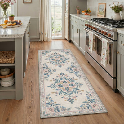 Abadou Vintage Floral Machine Washable Beige / Pink Indoor Area Rug With Non-Slip Backing