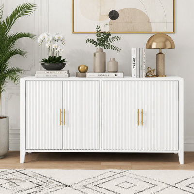 Buffet 61,1 po à 4 lattes ondulées verticales 61,1 po, armoire de rangement au design élégant, pieds en bois massif avec poignées peintes en métal, pour la salle à manger, le salon, la cuisine ou le vestibule