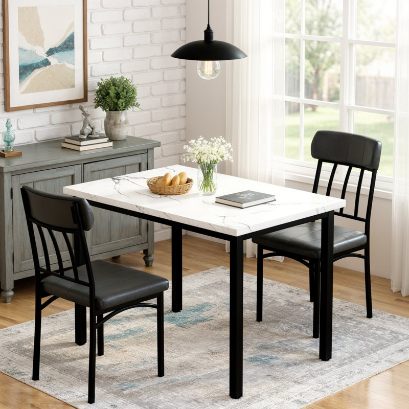 Ensemble de table de salle à manger 3 pièces pour 2 personnes, petite table de petit déjeuner rectangulaire en faux marbre avec 2 chaises rembourrées en similicuir, table de cuisine et chaises pour petits espaces, salle à manger, salon, appartement