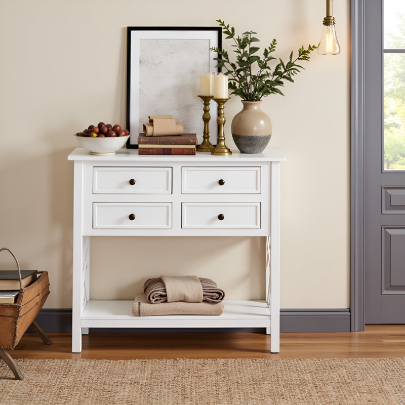 Console de vestibule en bois 32 po avec 4 tiroirs et tablette ouverte Coventry, Blanc