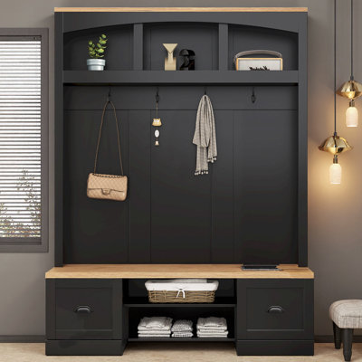 55" Farmhouse 4-in-1 Hall Tree | Wood-Grain Bench & Top, Black Hooks + Shell Handles, Adjustable Shelves, Mudroom Storage, Anti-Tip Kit