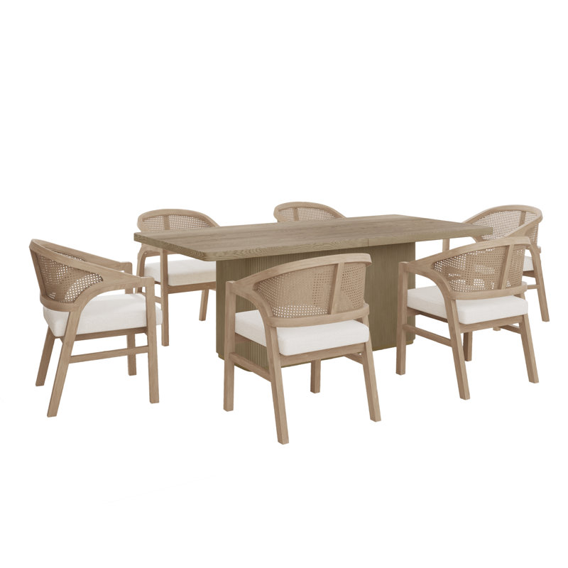 Eldora 7-Piece Mid-Century Modern Dining Set With Cane Back Chairs And Rectangular Pillar Base Table