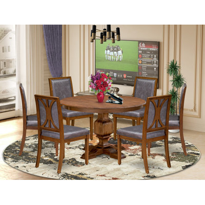 Ensemble de table de salle à manger 7 pièces comprenant une table ronde et 6 chaises en similicuir gris foncé avec dossier élégant - Finition noyer antique