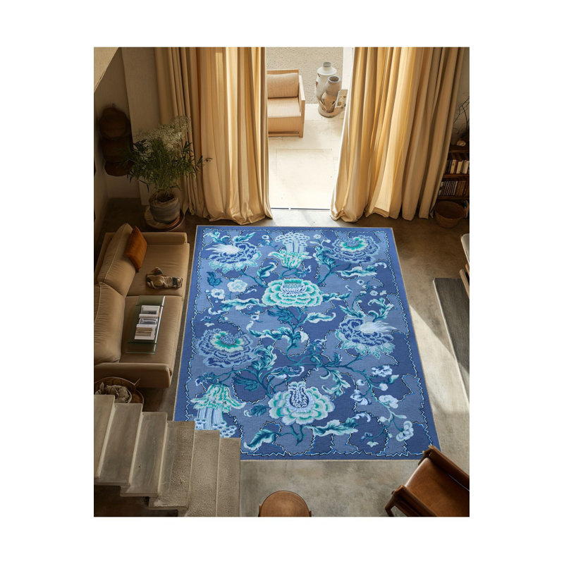 Tapis décoratif bleu à motif floral abstrait et créatif, Carré 3 pi 3 po