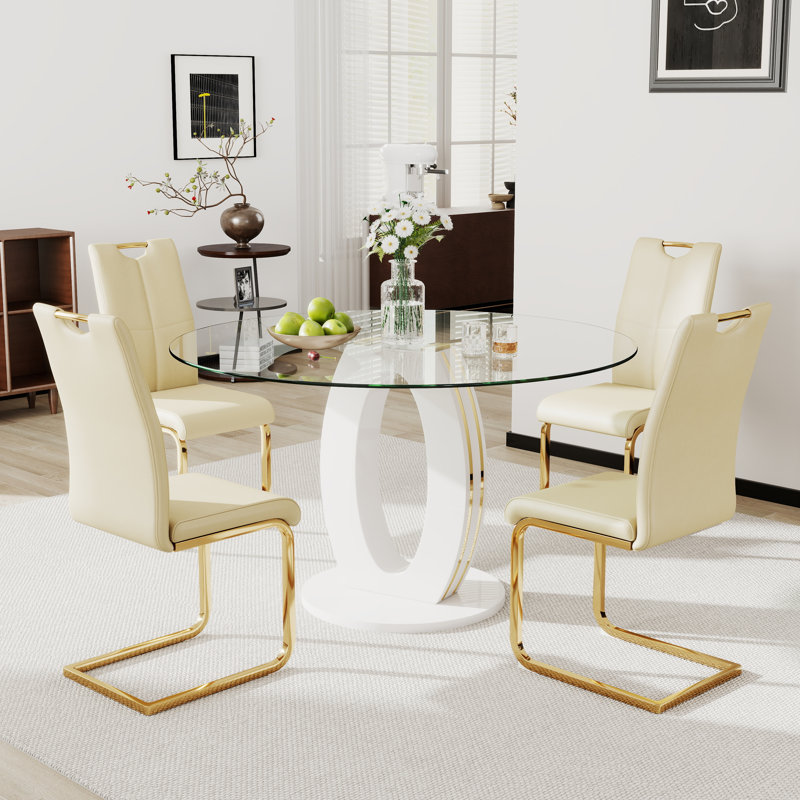 Ensemble de table de salle à manger haute brillance pour 4 à 6 personnes, Blanc, 5, Jaune, or