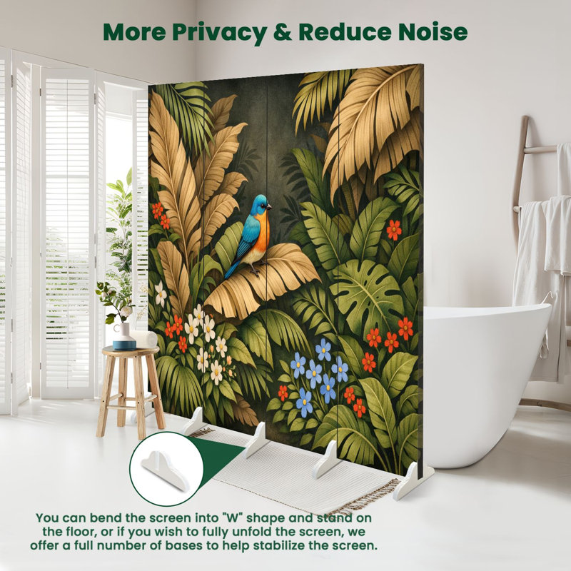 Paravent 4 panneaux à cloisons pliantes Royal Vintage Botanical Leaves Tropical Bird Tons terreux Toile foncée, 4