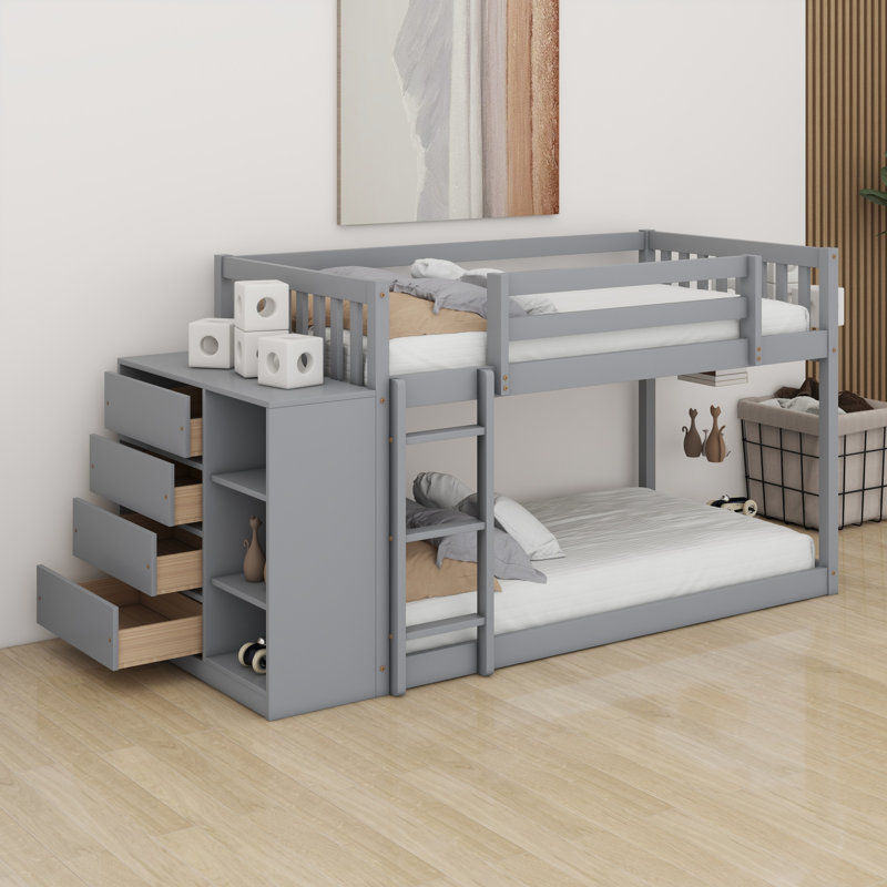 Lit superposé avec tiroirs et tablettes, gris, Simple sur simple