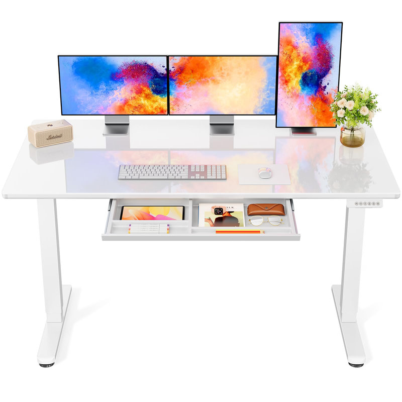 Glass Standing Desk with Writable Surface and Built-In Storage Drawers, Adjustable Height, 28.3" H x 55.1" W x 27.6" D, White