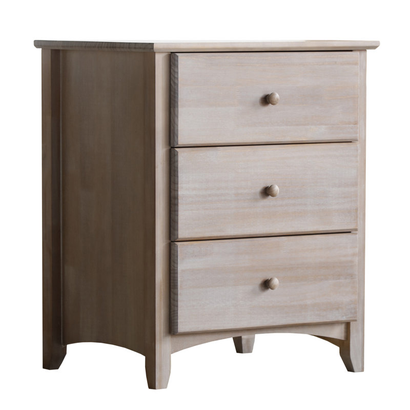 Table de chevet 3 tiroirs en bois massif délavé gris, Gris délavé