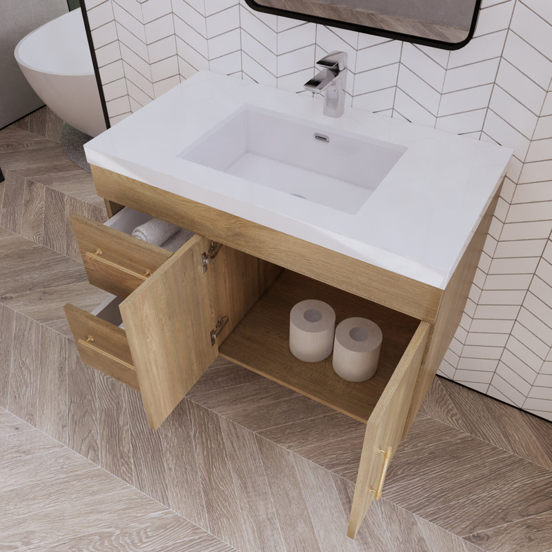 Hebersham 35.44'' Single Bathroom Vanity with Acrylic Top, Oak