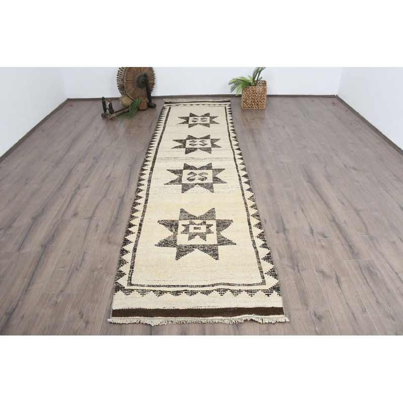 35.4x135 Inch Beige Wool Patchwork Runner Rug, Classic Style Runner Rug