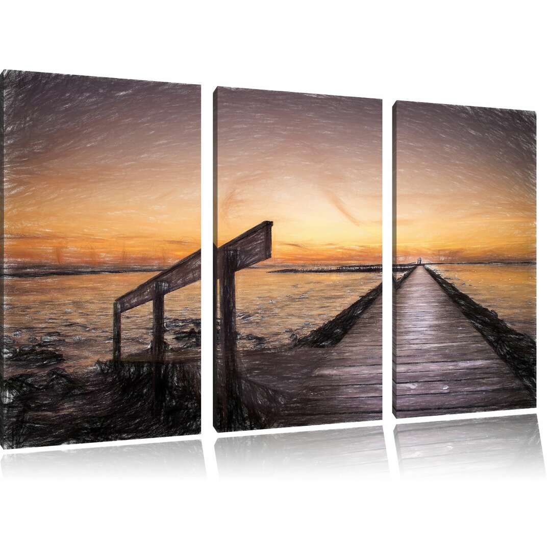 3-tlg. Leinwandbilder-Set „Langer Steg im Sonnenuntergang an der Nordsee“, Grafikdruck