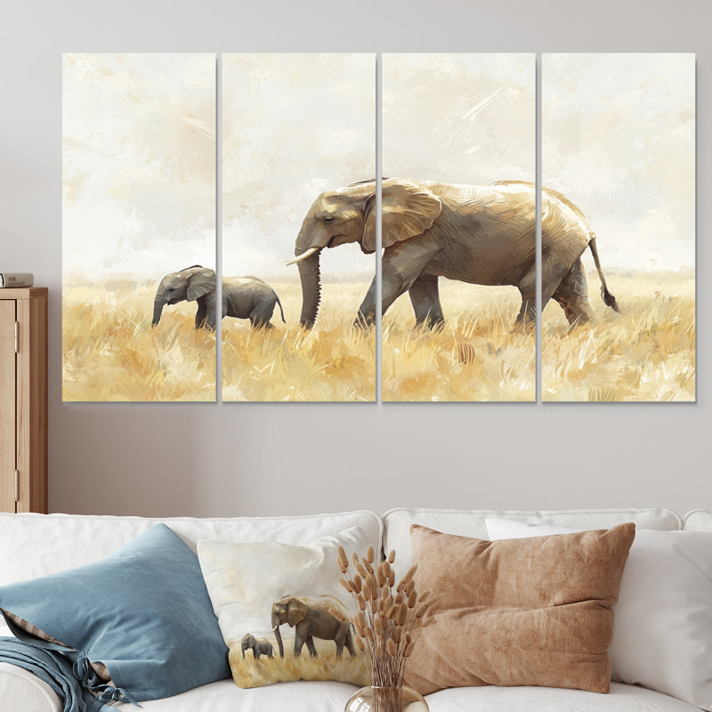 Éléphant avec son bébé en Afrique - Éléphant, art mural - ensemble de décoration murale moderne, H 28 po x l 48 po