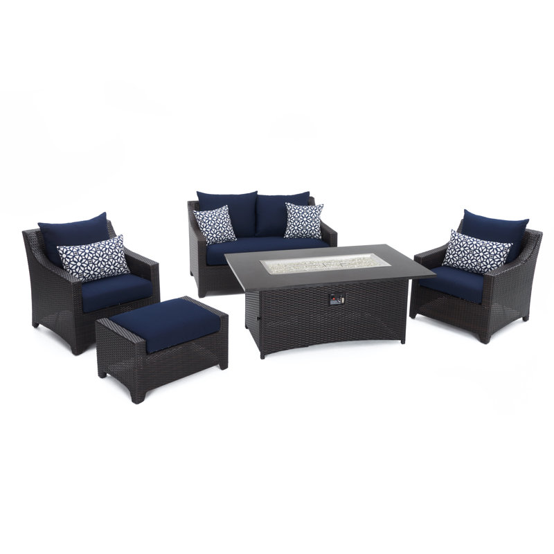 Fionnula 5 Piece Rattan Sofa Seating Group Set With Sunbrella Cushion Covers, Canvas Navy Sunbrella® Canvas