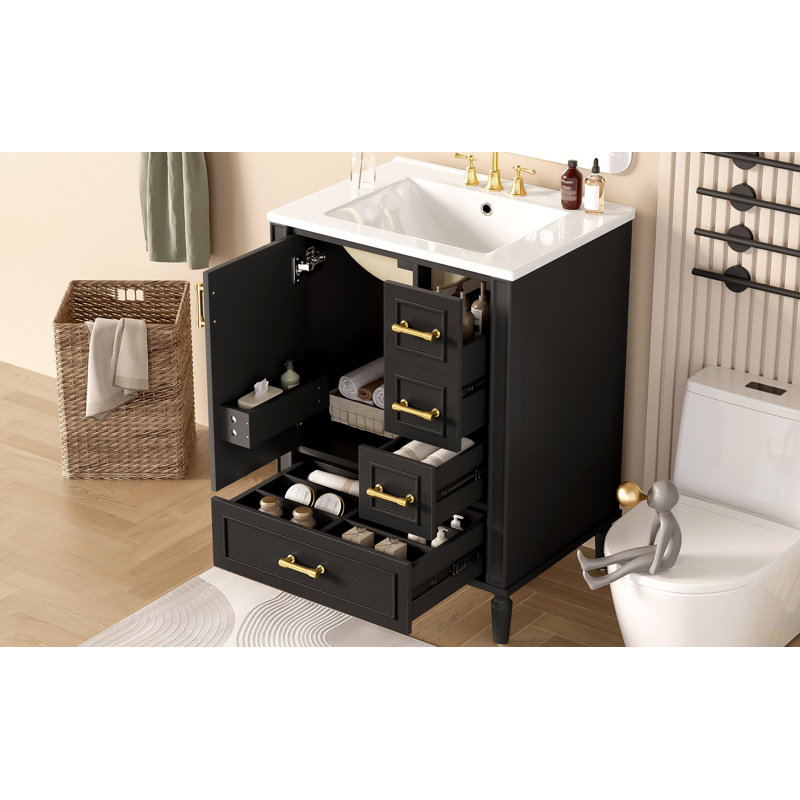 Meuble-lavabo moderne de 24 po avec lavabo en céramique, porte à fermeture en douceur, 3 poignées de tiroir et support de porte pour un rangement peu encombrant