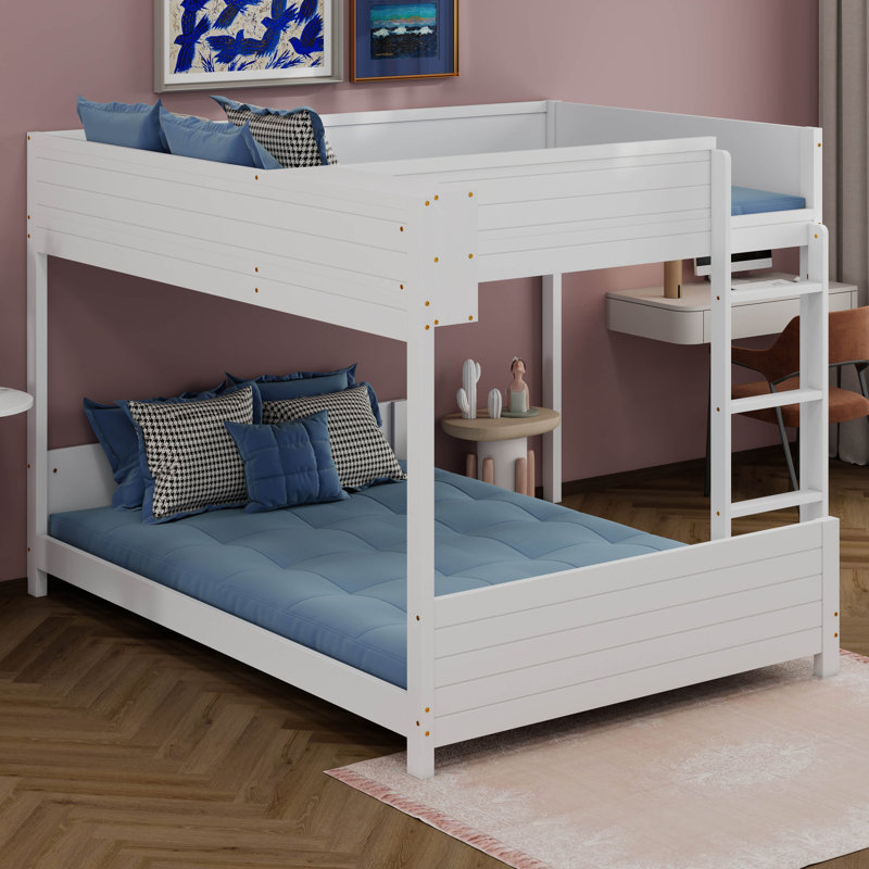 Full XL Over Full XL Wooden Bunk Bed With Built-In Storage Shelf & Ladder, White