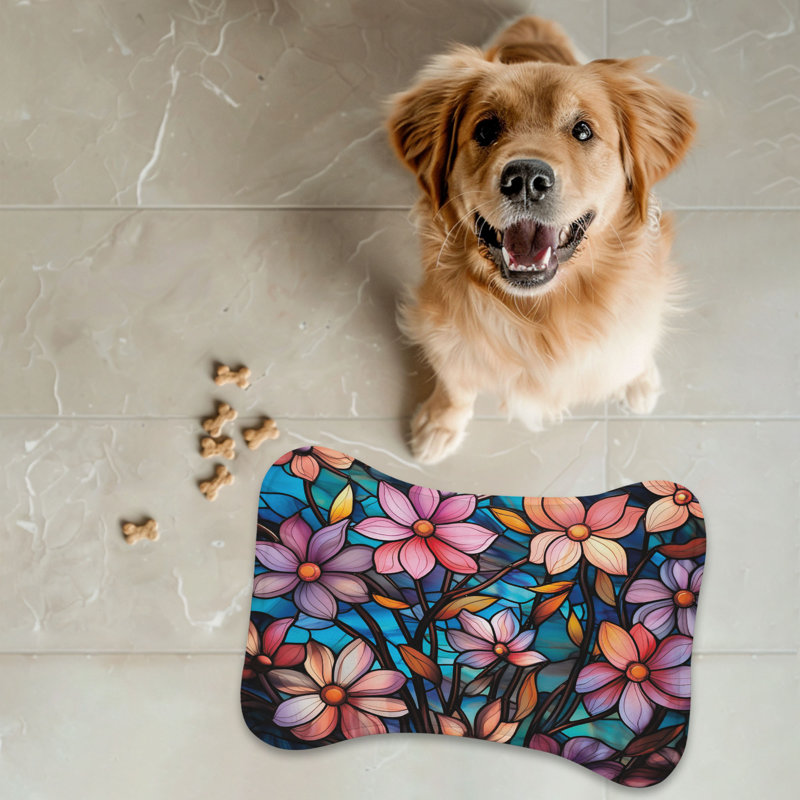 Glass Blossom Patterns - 1 Piece Bone Shape Feeding Mat, Medium (18")