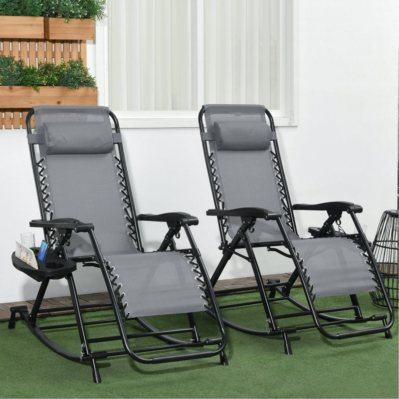 2 Pieces Outdoor Rocking Chairs, Foldable Reclining Zero Gravity Lounge Rocker With Pillow, Cup & Phone Holder, Combo Design With Folding Legs, Gray