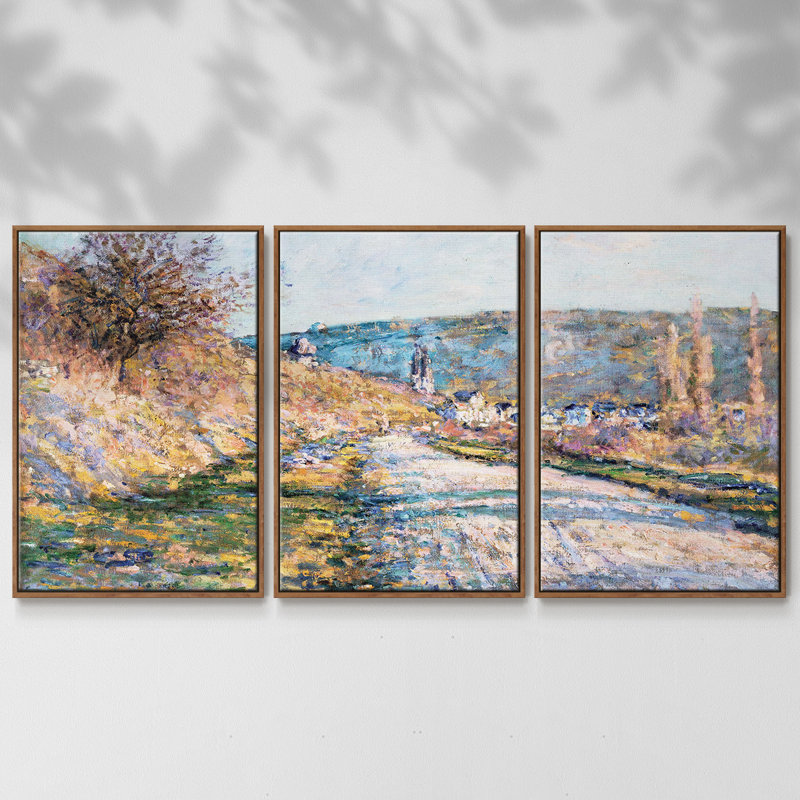 Monet - 3 pièces, reproduction encadrée sur toile, H 24 po x l 48 po x P 2 po, Noyer