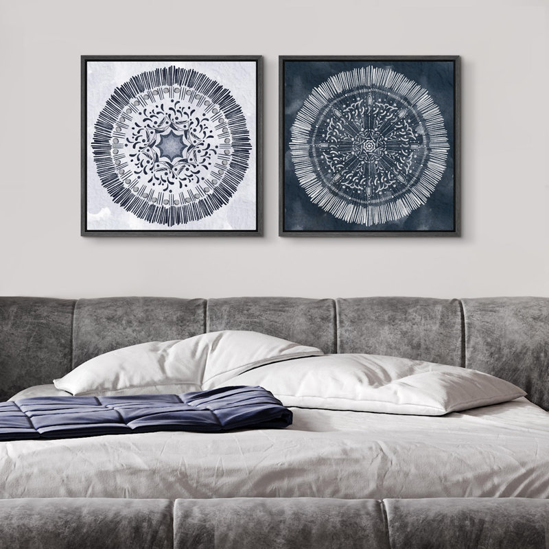 Ensemble de 2 bagues en bois de mandala délavé bleu marine sur toile abstraite encadrées, H 24 po x l 24 po