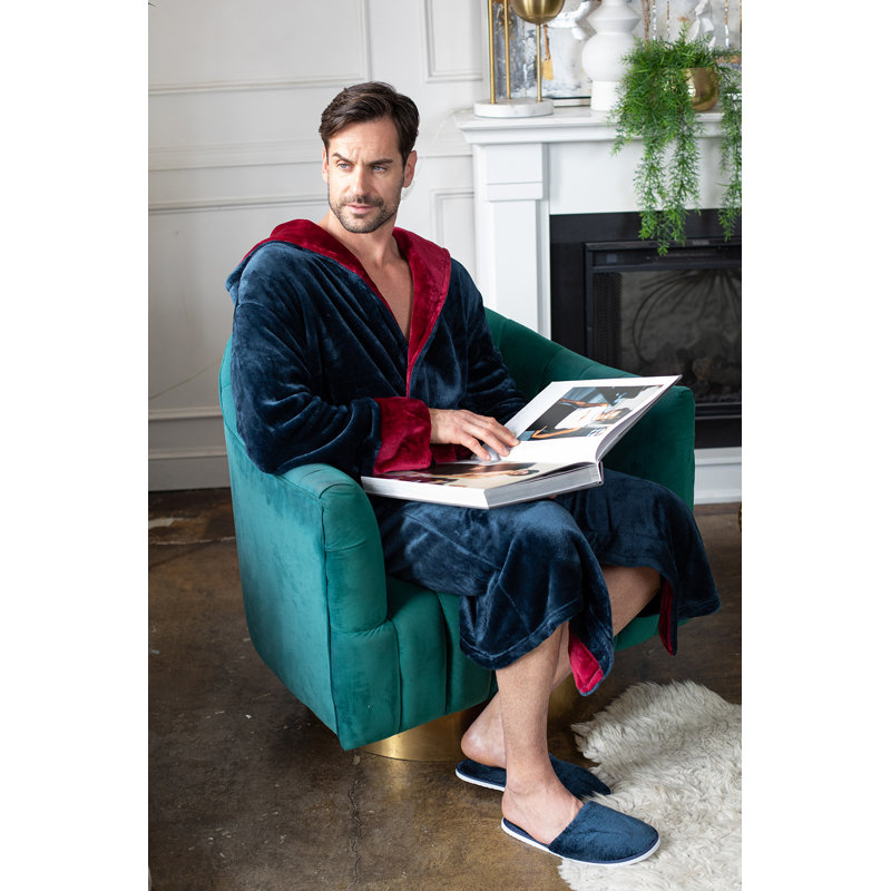 LOTUS LINEN - Peignoir moelleux à capuche, M / G, Bleu marine / bourgogne