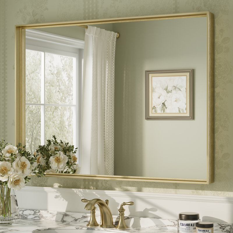 Aevar Tempered Glass and Aluminum Alloy Framed French Cleat Mounted Wall Mirror with 5-Year Warranty, 40" x 30", Brushed Gold