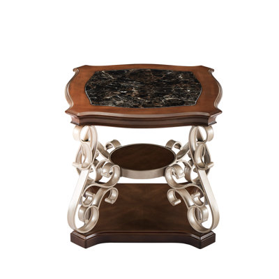 Fascinating Square End Table, Marble Paper Surface, Metal Legs, 26.2"lx26.2"wx24"h, For Living Room, Powder Coat Finish, Construction Mesmerizing Top And Glossy, With Birch Veneer
