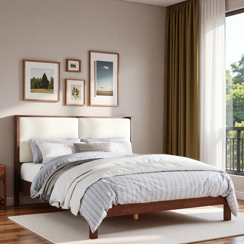 Lit plateforme en bois avec tête de lit tapissier en velours, Grand lit, Espresso