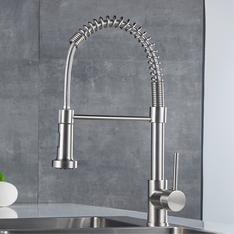 Robinet de cuisine contemporain avec poignée rétractable, levier simple, nickel brossé, poignée rotative à 360 degrés, inverseur rotatif