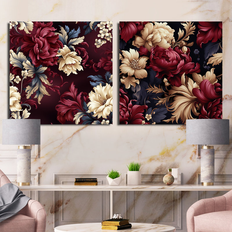 Ellesmere - Ensemble de 2 collages floraux carrés, Toile tendue, H 30 po x l 61 po
