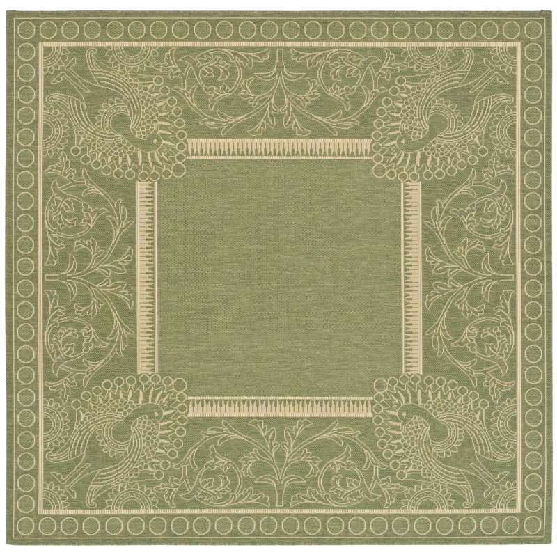 Tapis intérieur / extérieur olive / naturel tissé à plat à la main Arneshia, Carré 6 pi 7 po