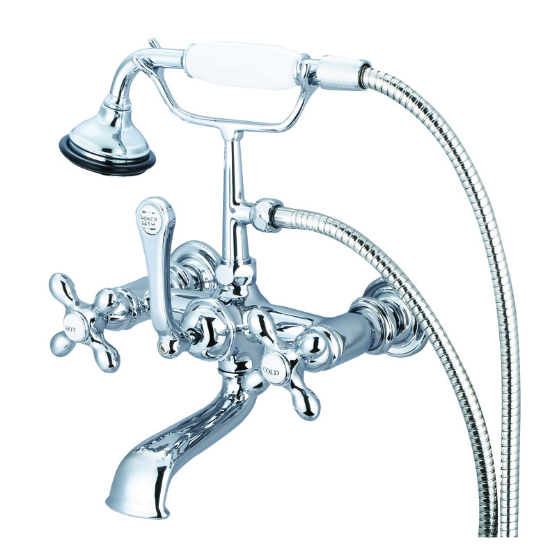 Stonington 2 Handle Wall Clawfoot Tub Faucet with Diverter, Hand Polished, Richly Triple Plated Chrome Finish, Cross Handles