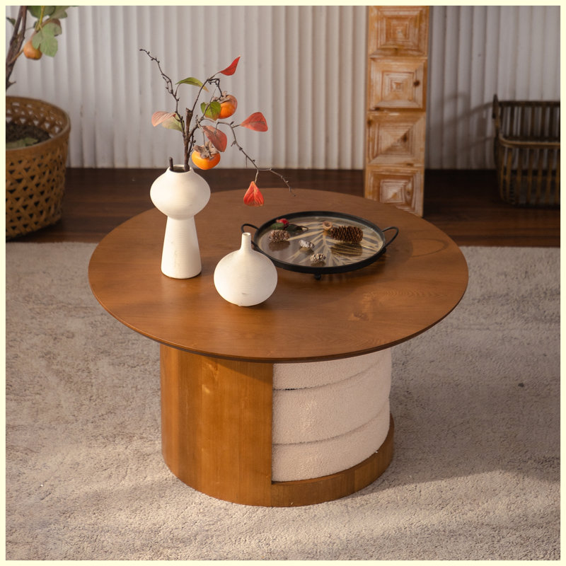 Ensemble de tables basses 31,5 "rondes en bois de style campagnard avec 3 tabourets gigognes en tissu Teddy, table centrale multifonctionnelle avec rangement caché pour le salon