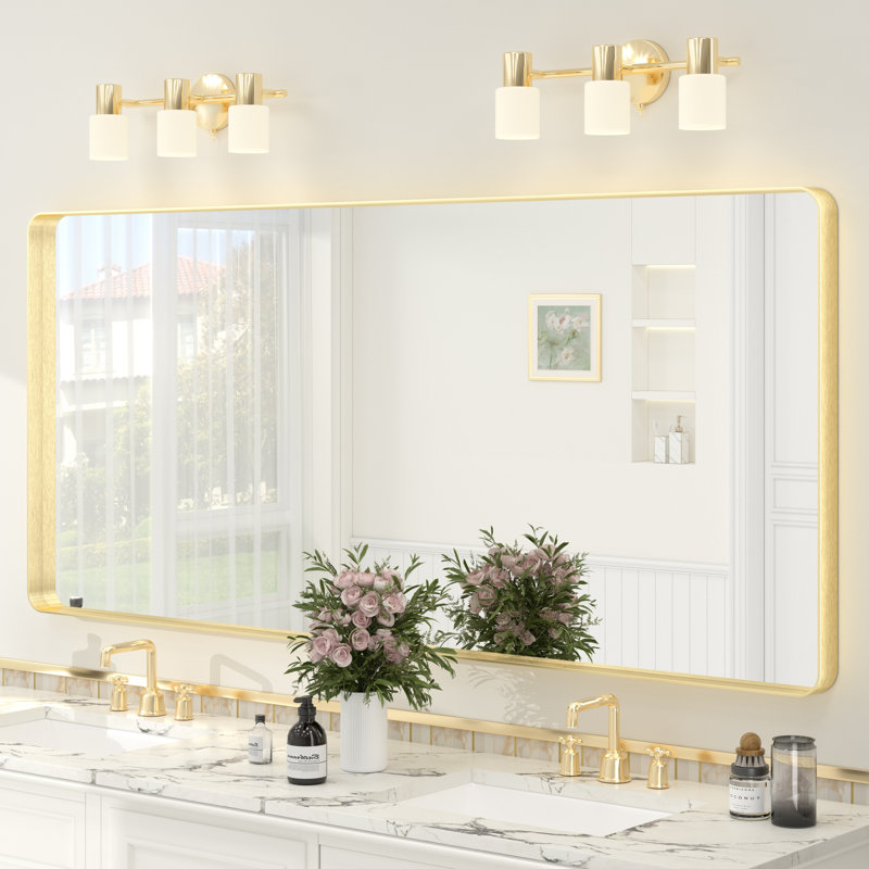 Miroir de salle de bain mural en verre trempé et métal Molly, 72 po x 32 po, Doré, Rectangle(Rounded Corner)