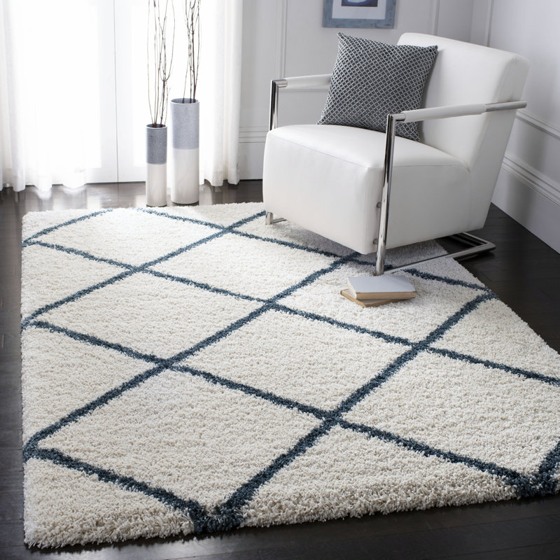 Darrold Shag Performance Geometric Rug, Ivory/Slate Blue, Ultra Plush 2", Rectangle 8' x 10'
