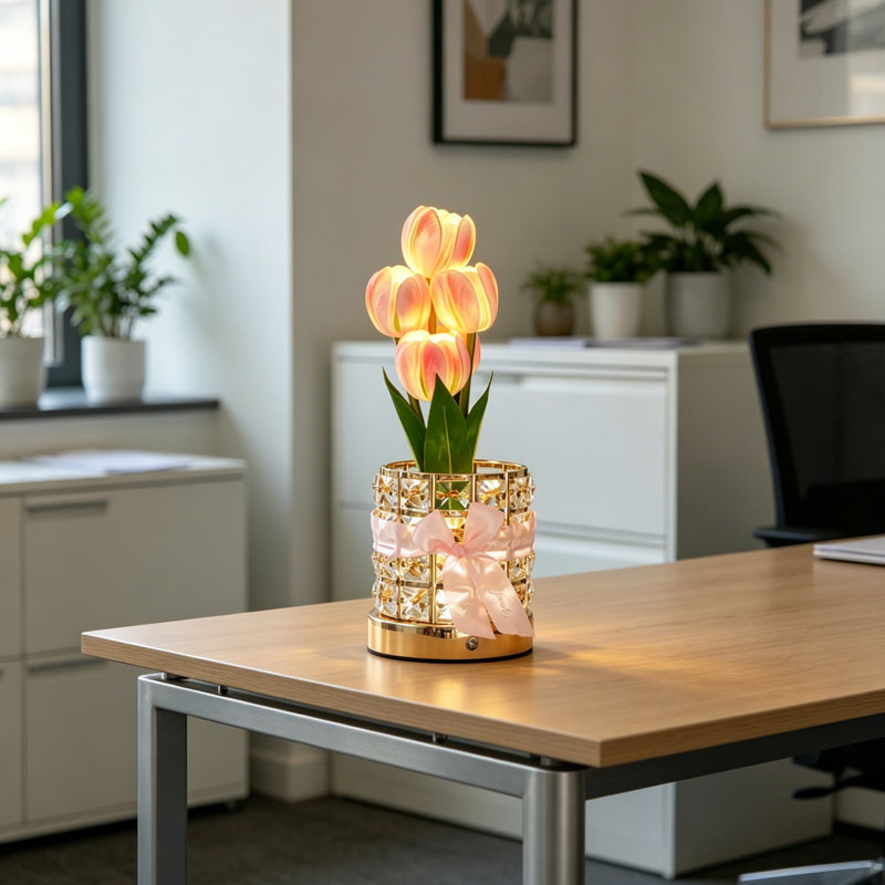 Pink Tulip Crystal Table Lamp With Usb Rechargeable Touch Dimming Light