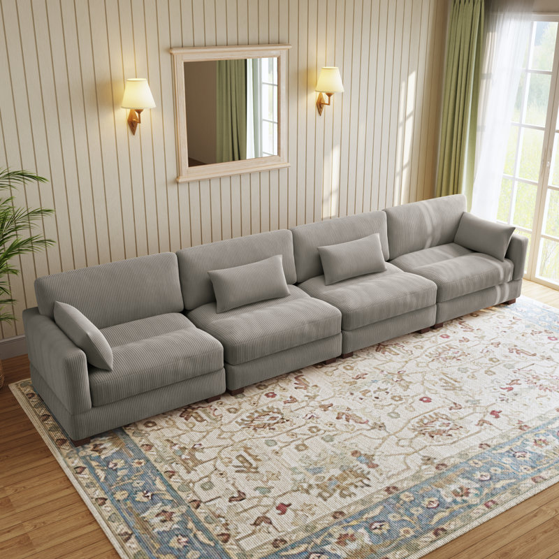 Maelina 4 - Piece Upholstered Light Gray Corduroy Modular Sectional Sofa with Pillow Back and Solid Wood Legs