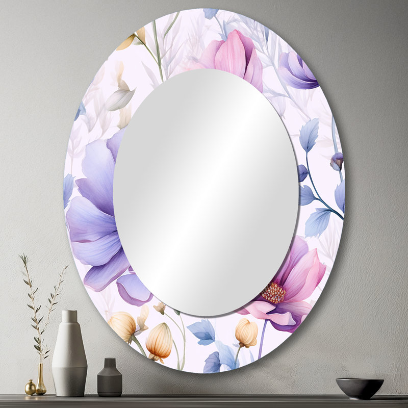 Pink And Blue Petunia On White II - Traditional Oval Wall Mirror, 43" x 33"