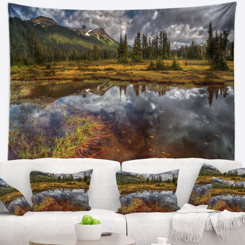 Paysage, lac transparent, miroir, tapisserie, ciel nuageux, H 32 po x l 39 po