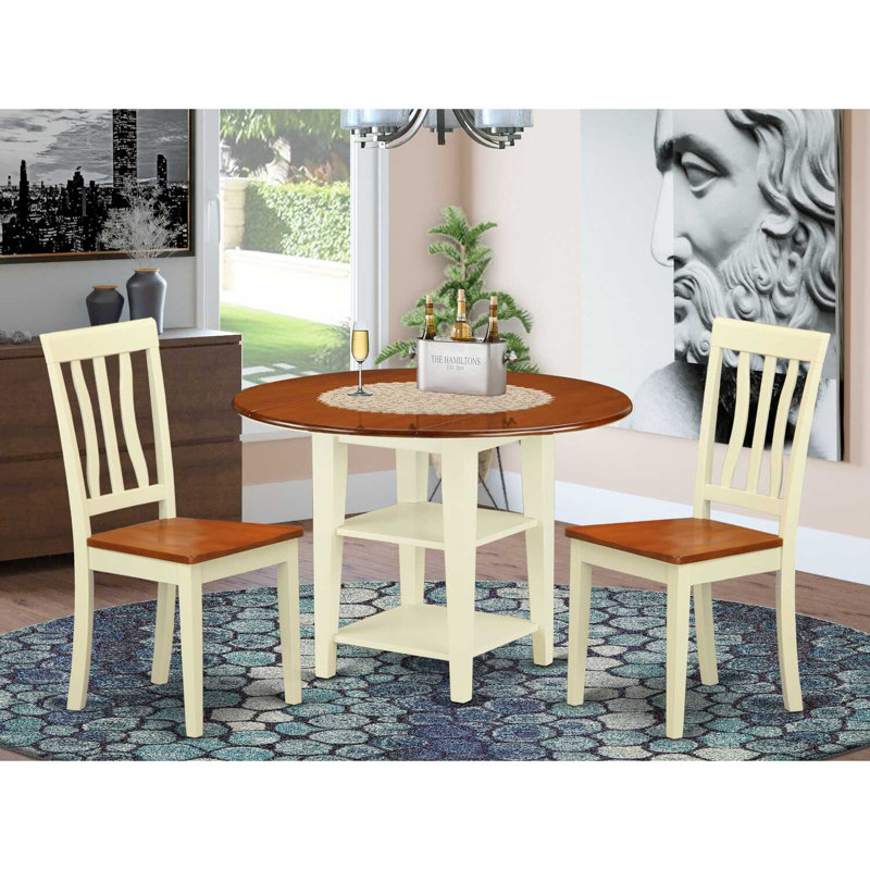 3-Piece Buttermilk and Cherry Finish Round Solid Wood Top Dining Table Set, 3
