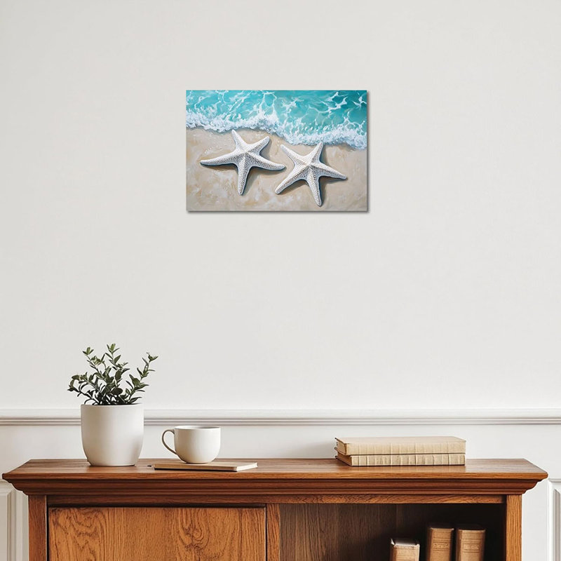 Starfish Coastal Wall Art, Blue Beach Wall Art for Beachy Wall Decor, Ocean Painting Canvas Print Wrapped Framed Ready to Hang 12×16 inches